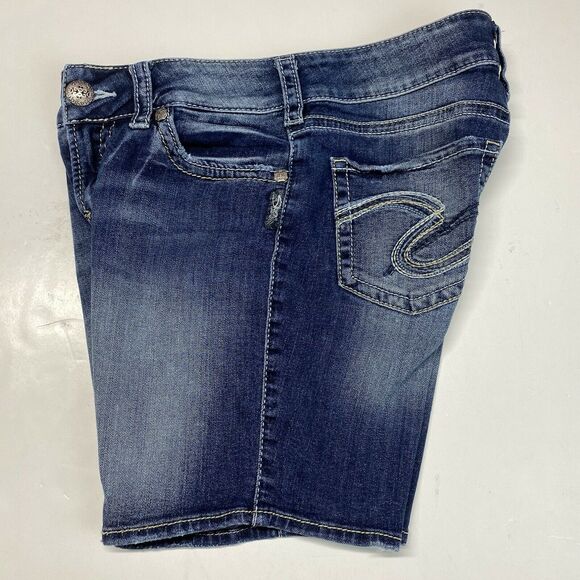 Silver Suki Mid Shorts Sz 27 (28"Waist) Stretch Denim Jean Dark Wash Distress - Picture 12 of 12